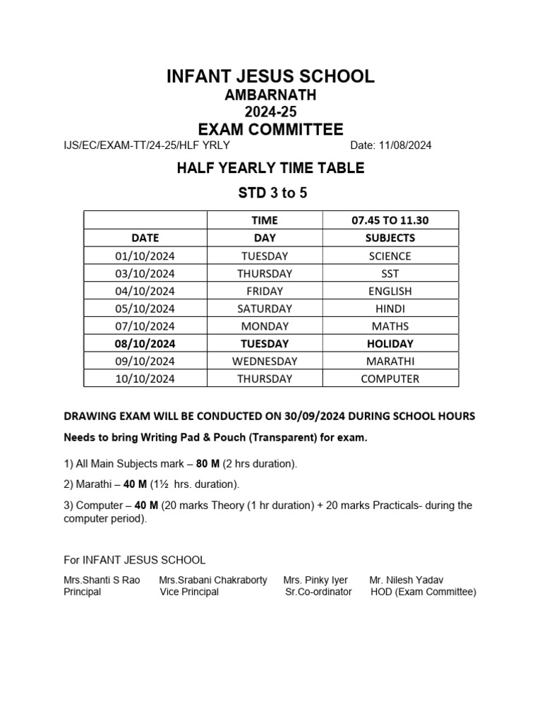 Half Yearly Exam Schedule 2024-25 | PDF