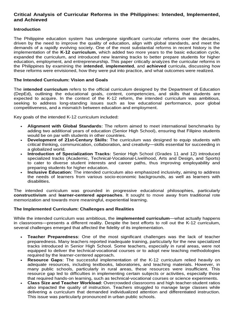Analysis of K-12 Curriculum Reforms in the Philippines | PDF ...