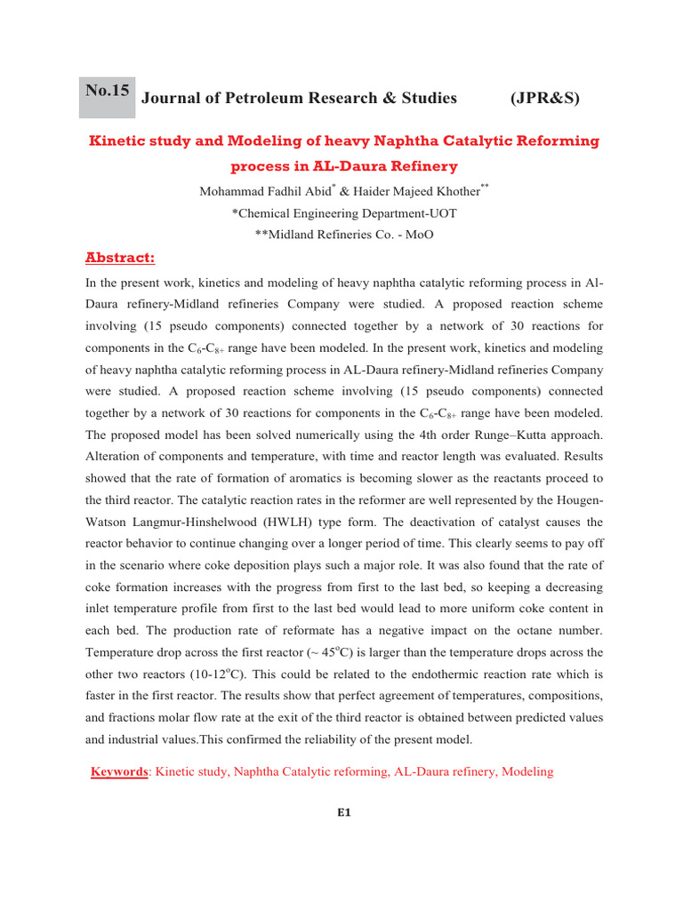 Kinetic Study and Modeling of Heavy Naphtha Cataly | PDF | Chemical ...