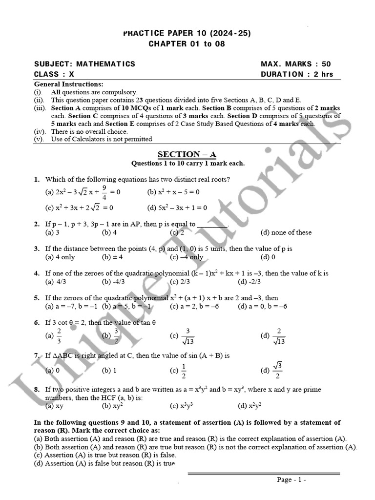 Maths Class X Chapter 01 To 08 Practice Paper 10 2024 Stamped | PDF ...
