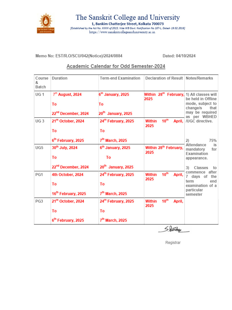 Odd Semester Academic Calendar 2024-25 | PDF