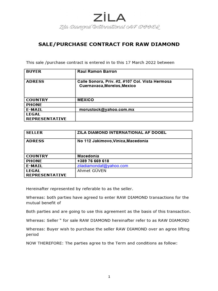 Zila Diamond Sale Contract with Ahmet Güven | PDF | Letter Of Credit