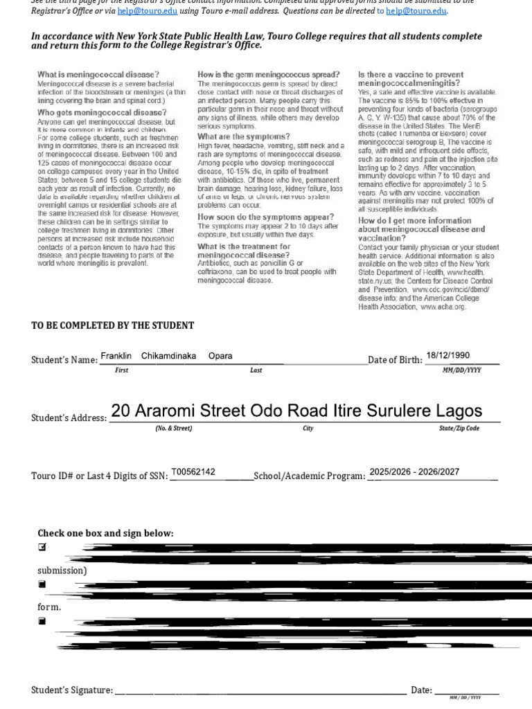 Meningitis Response Form | PDF