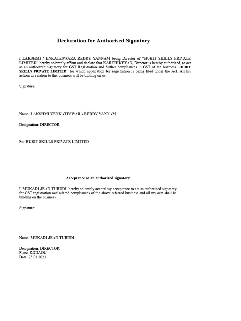 Authorized Signatory Declaration for GST | PDF | Finance & Money Management
