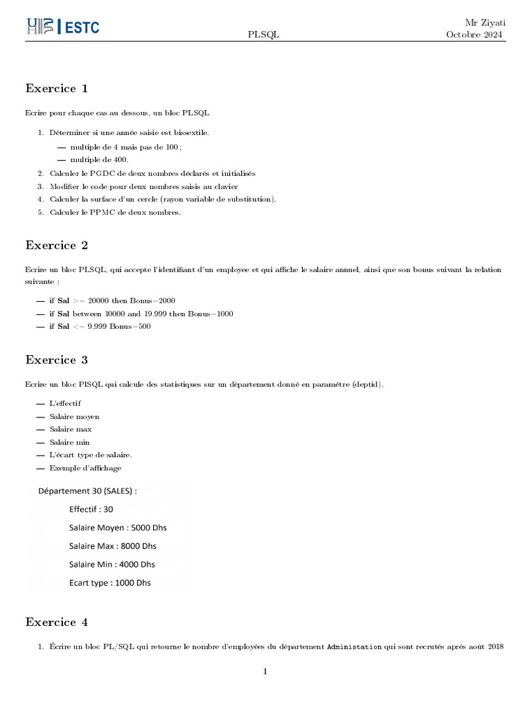 Exercices PLSQL : Bissextile, Salaires, Stats | PDF