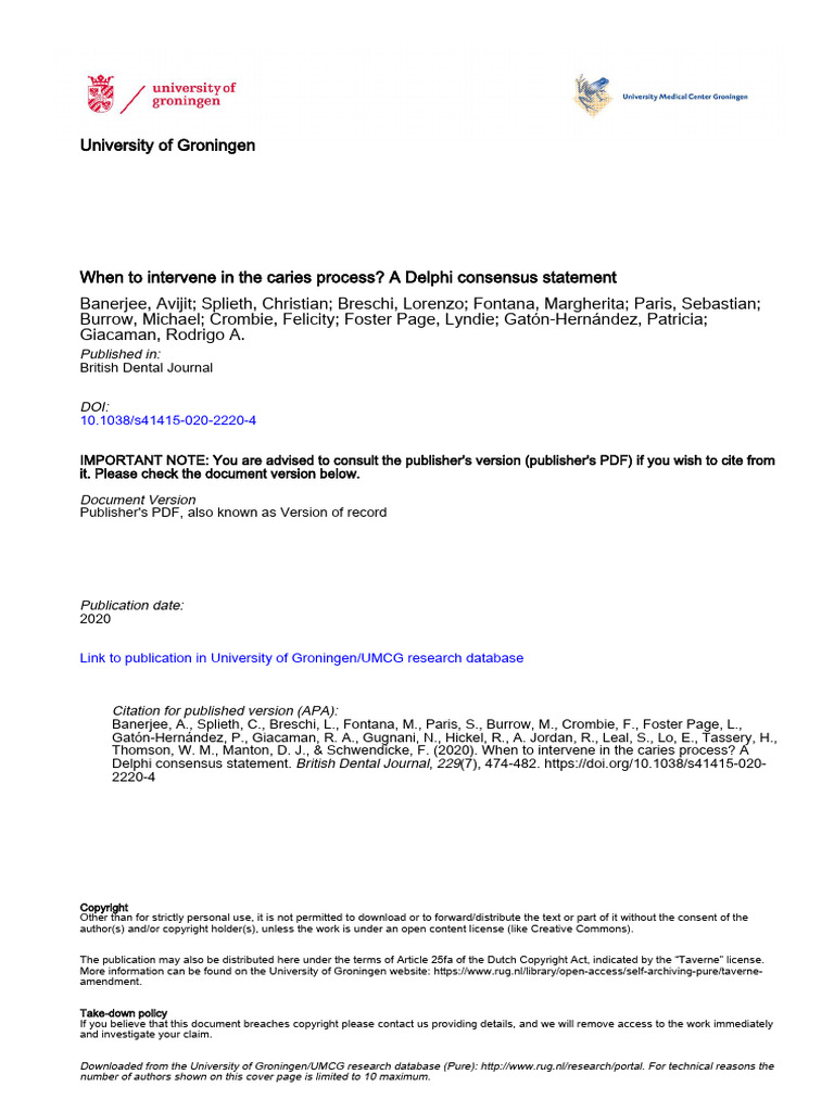When To Intervene in The Caries Process - A Delphi Consensus Statement ...