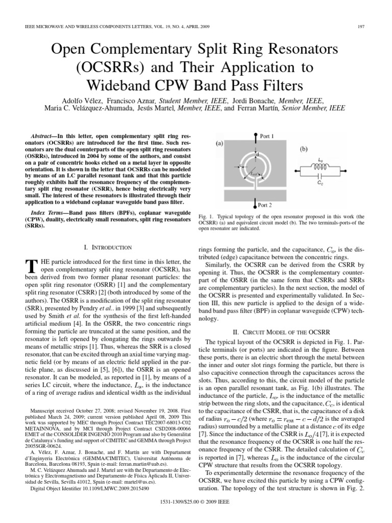 Open Complementary Split Ring Resonators (Ocsrrs) and Their Application ...