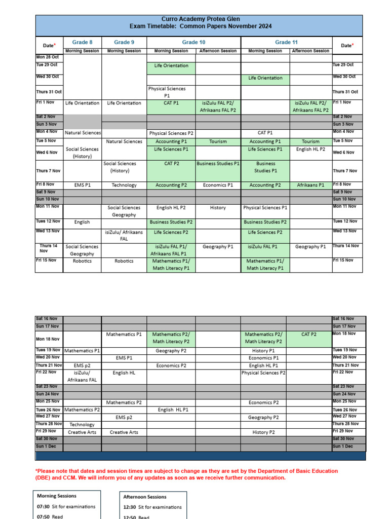 Grade 8 Exam Timetable Nov 2024 | PDF | Science