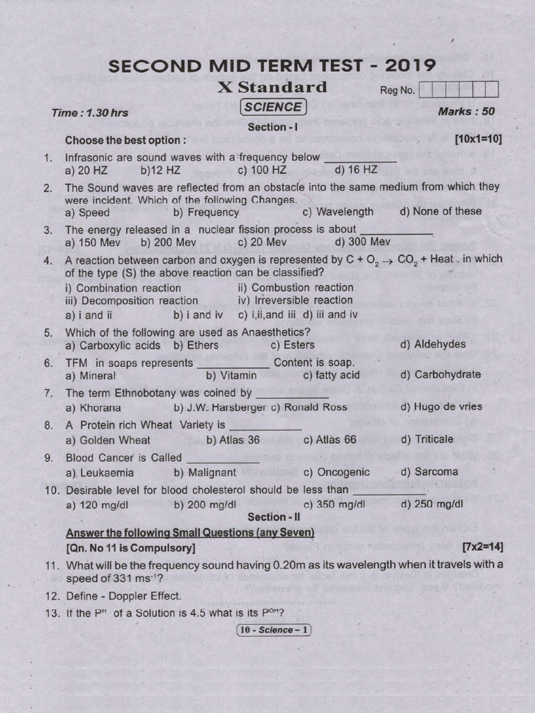 10th Science 2nd Mid Term Exam 2019 Original Question Paper Theni ...