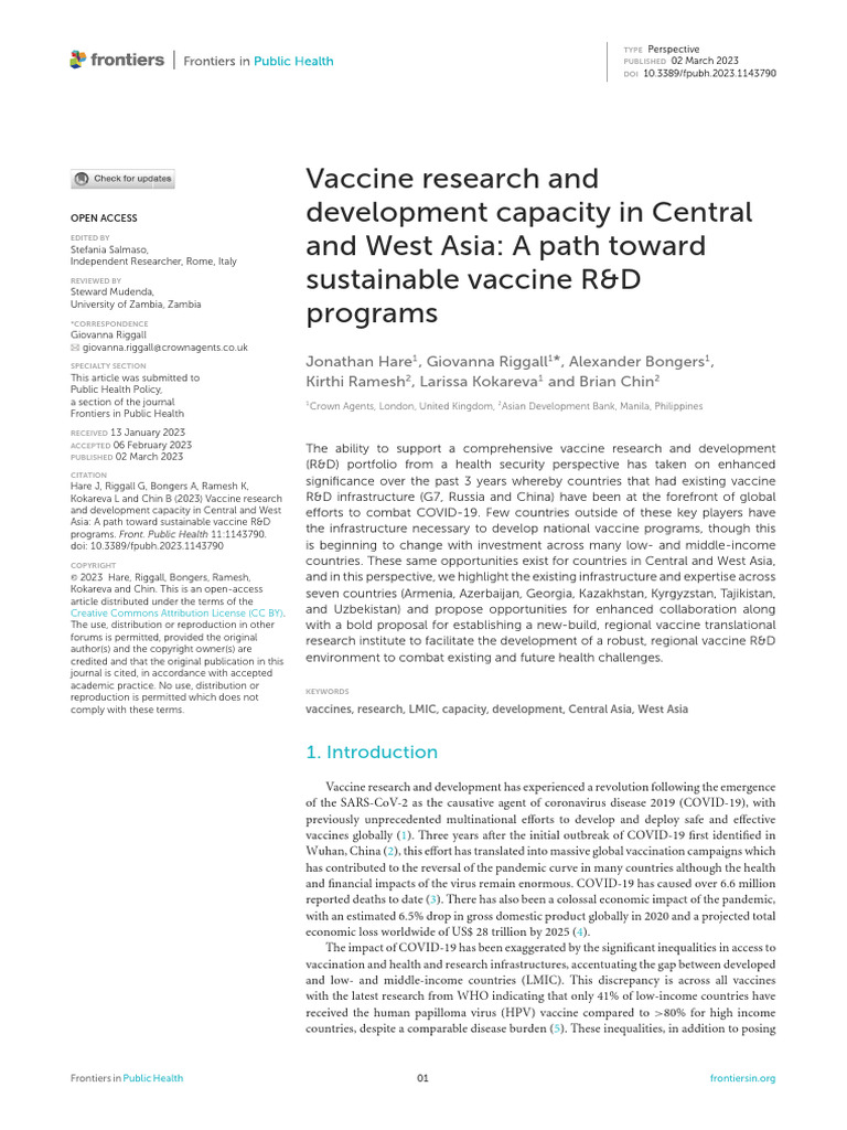 Vaccine research and development capacity in central and west asia