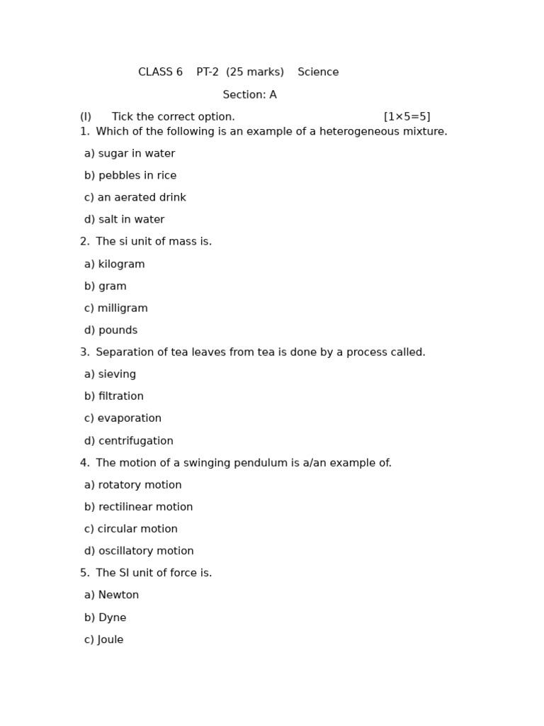Class 6 Science PT-2 Question Paper | PDF