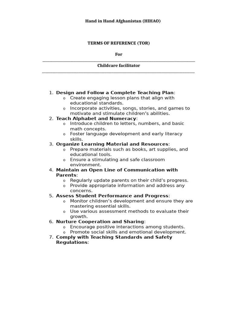 TOR for Childcare Center Facilitator[1] | PDF | Teachers | Education Theory
