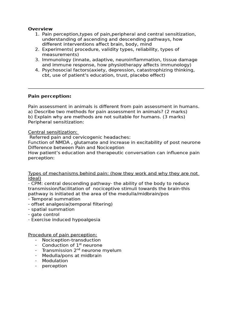 Exam Notes Pain Body and Mind Vu University | PDF | Pain | Clinical ...