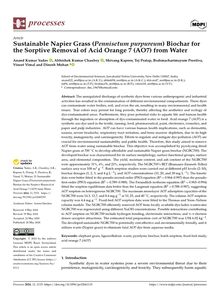 Sustainable Napier Grass Biochar For AO7 | PDF | Adsorption | Pyrolysis