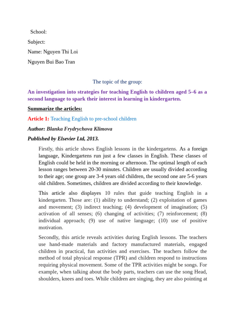 An Investigation Into Strategies For Teaching English To Children Aged ...