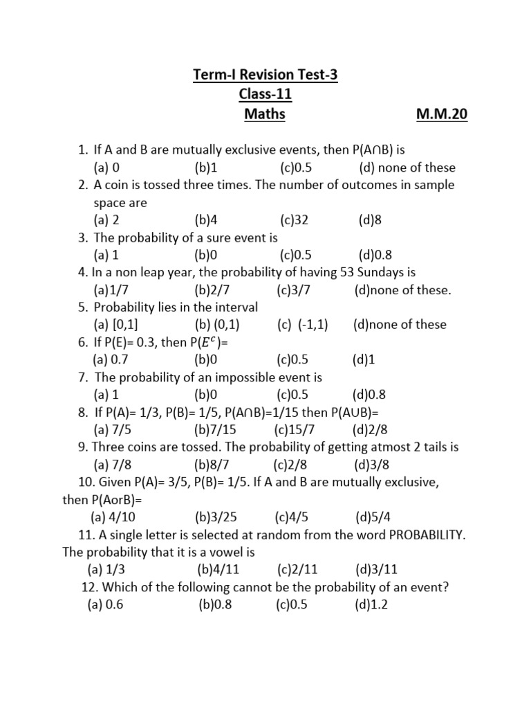 Class 11 Maths Term-I Revision Test | PDF | Probability | Statistical ...