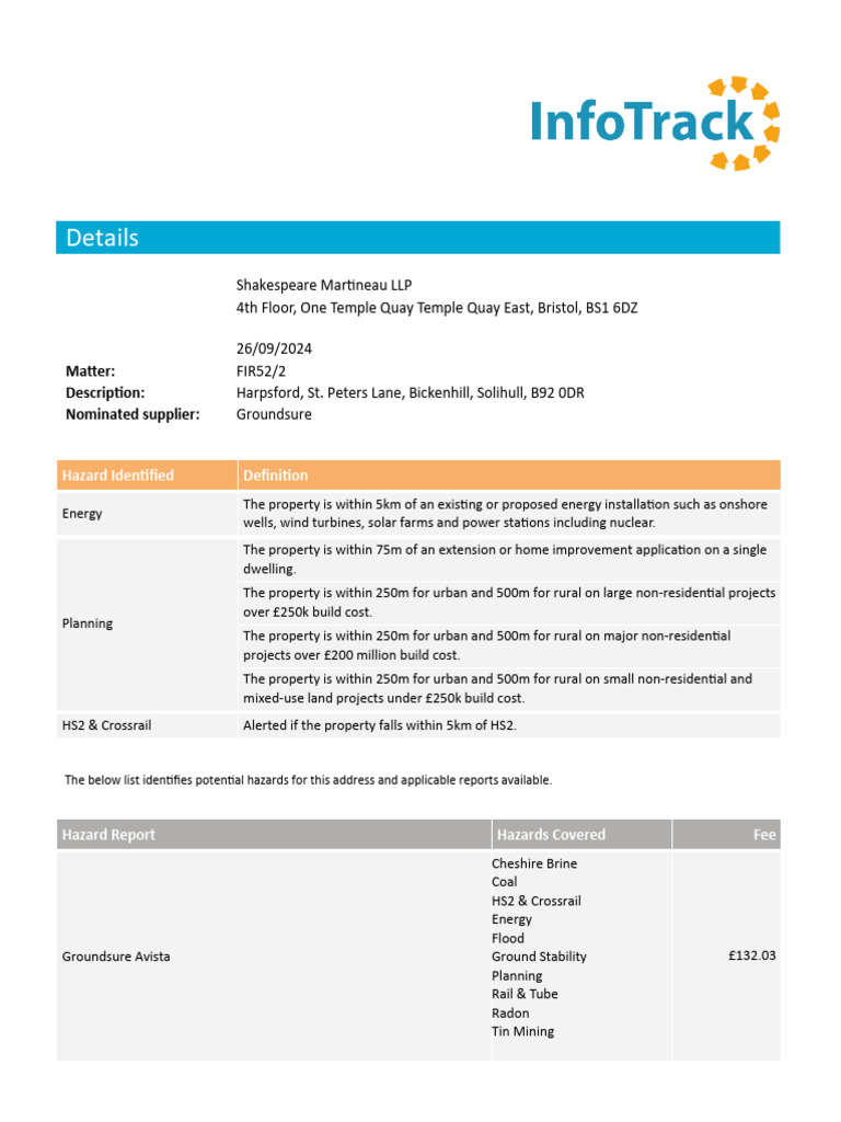 Lot - 113 - InfoTrack - Hazard Summary Report - Harpsford, St. Peters ...