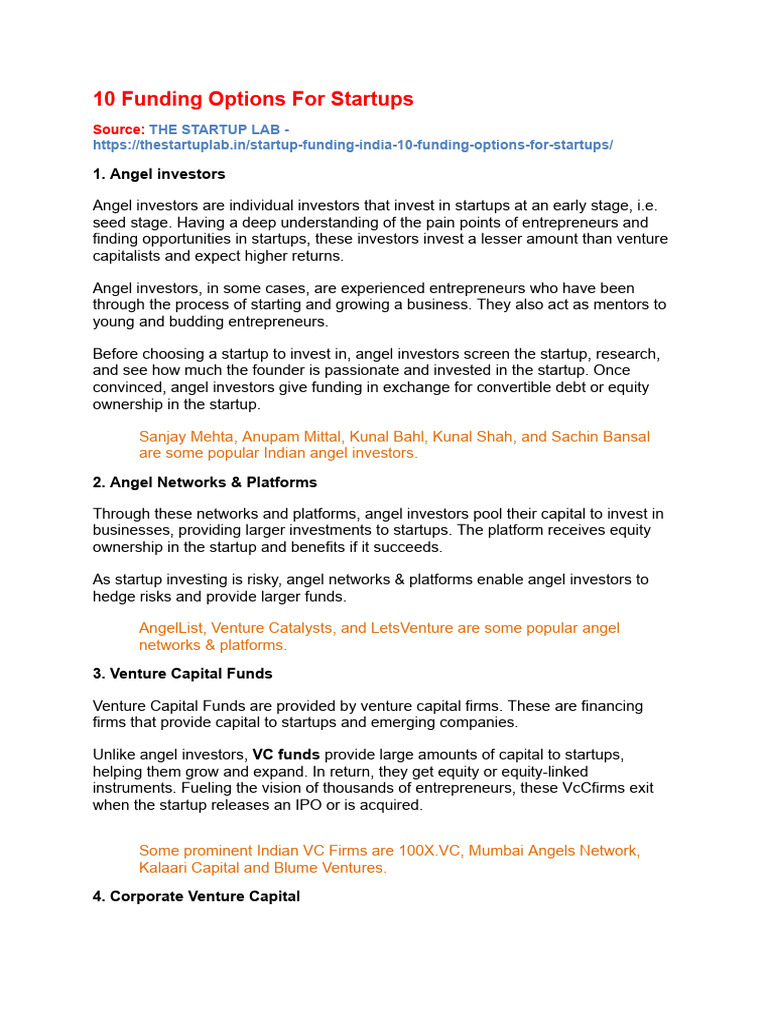 10 Funding Options For Startups Pdf Venture Capital Corporate Finance