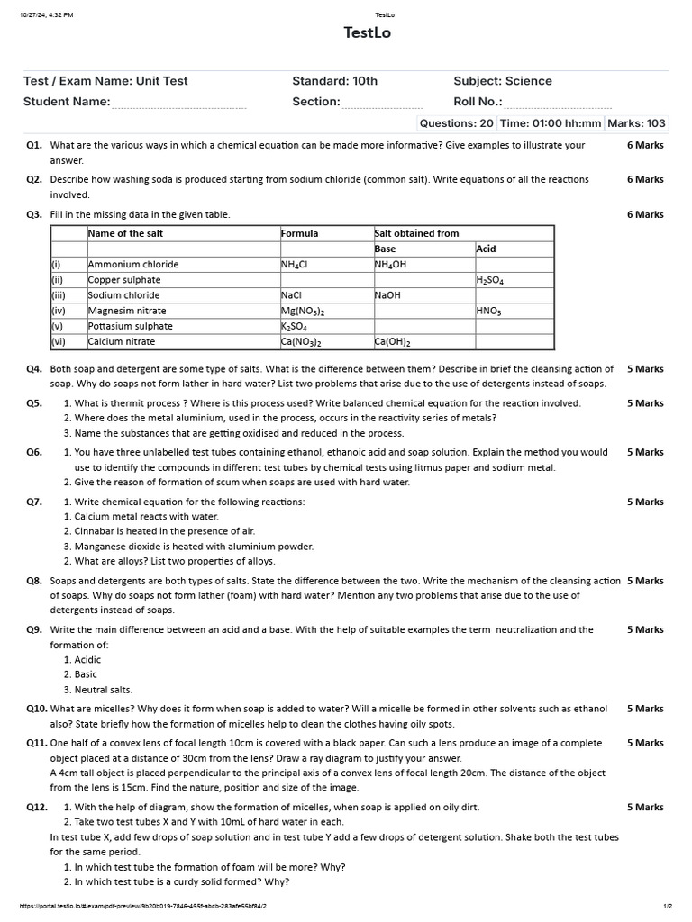 10th Grade Science Unit Test | PDF | Oxide | Hydroxide