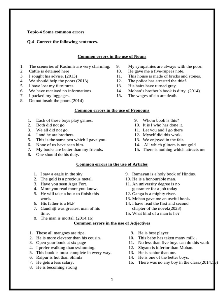 English I Unit-II Some Common Errors | PDF | Linguistics | Syntax