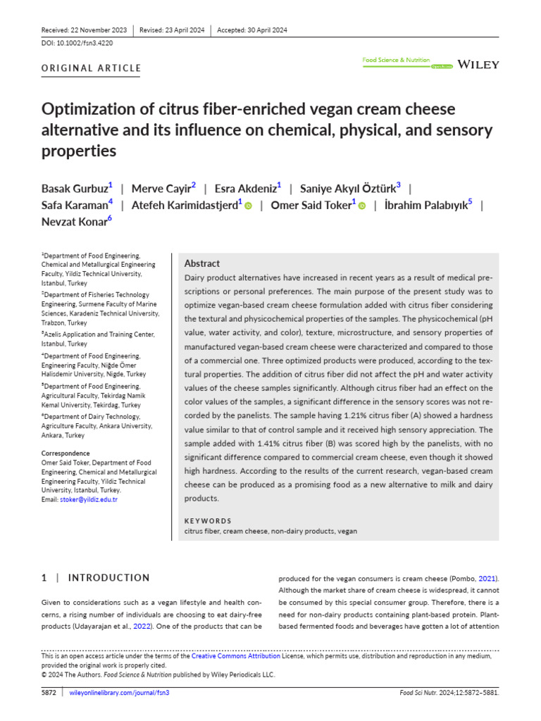 Food science nutrition 2024 gurbuz optimization of citrus fiber