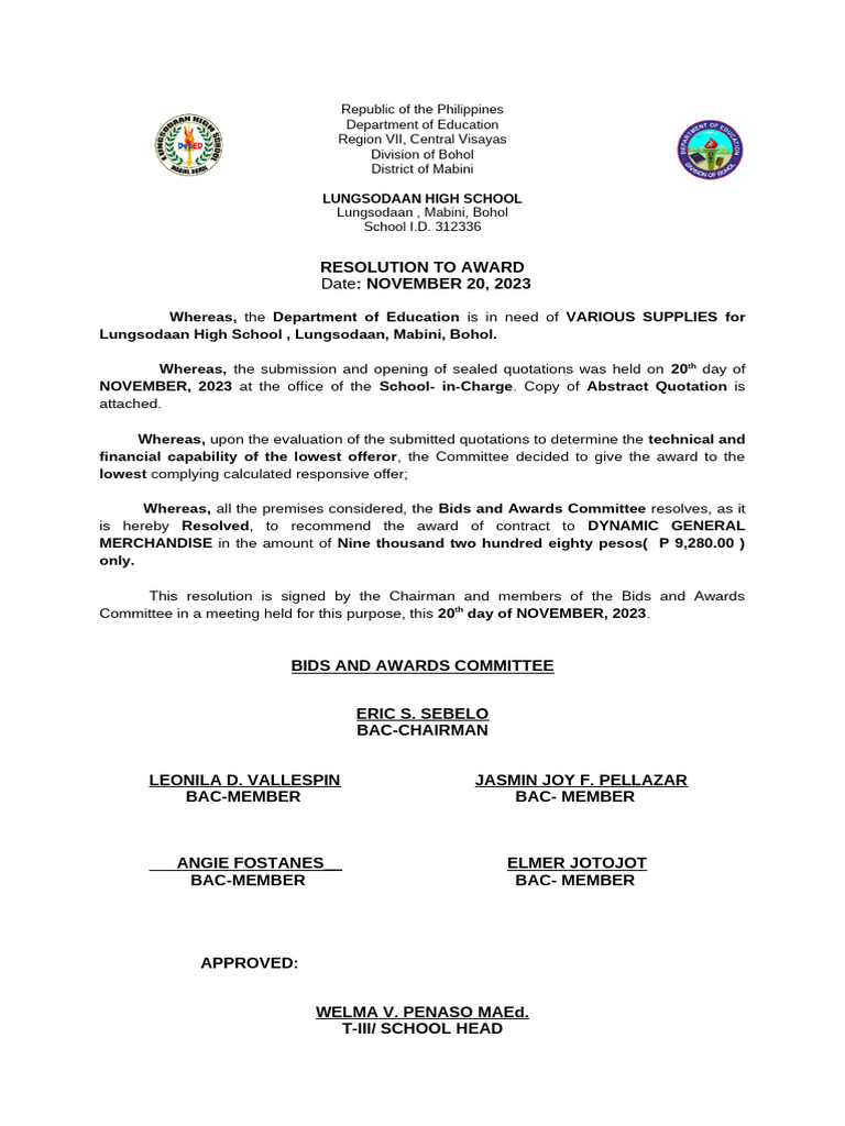 Resolution for Supply Award at Lungsodaan High | PDF