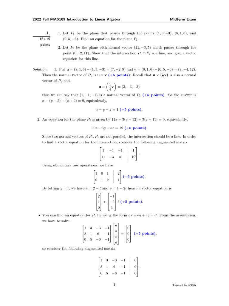 2022F MAS109 Midterm Exam Solutions | PDF | Eigenvalues And ...