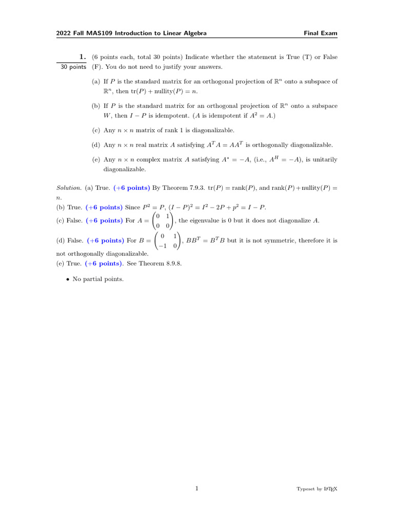2022F MAS109 Final Exam Solutions | PDF | Eigenvalues And Eigenvectors ...