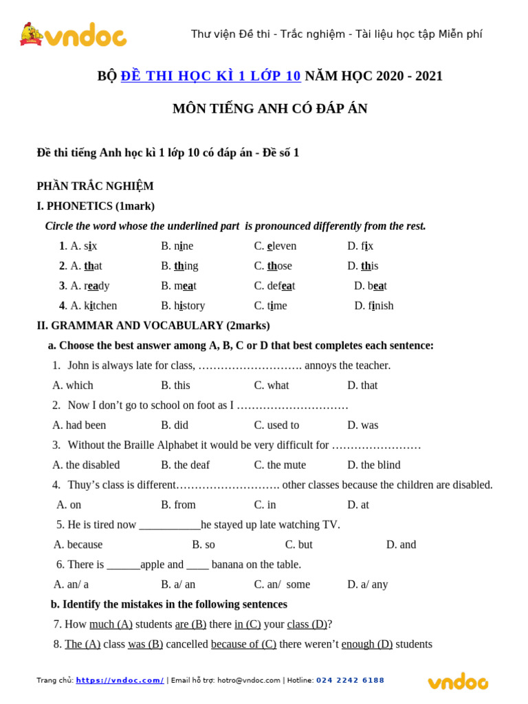 Bo de Thi Hoc Ki 1 Lop 10 Mon Tieng Anh Co Dap An | PDF | News | Radio