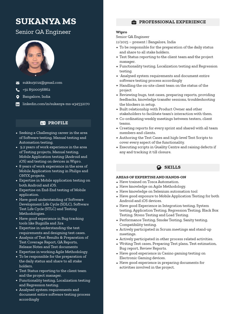 Sukanya Kumari: Senior QA Engineer Profile | PDF | Software Testing ...