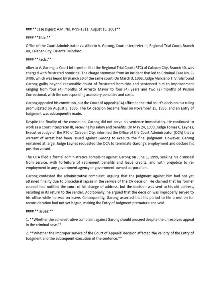 Office of The Court Administrator VS Garong Case Digest | PDF ...
