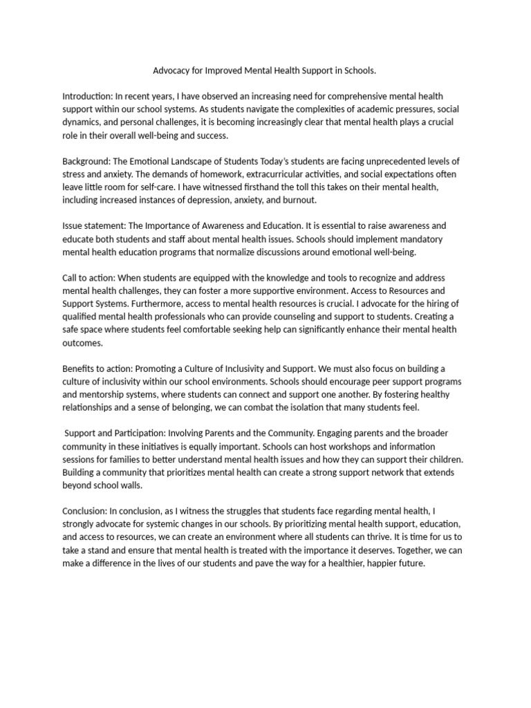 Advocacy For Improved Mental Health Support in Schools | PDF | Mental ...