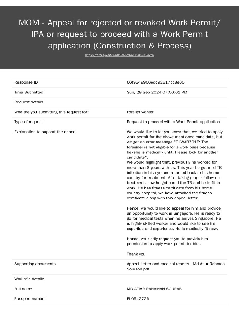 Appeal for Rejected Work Permit | PDF