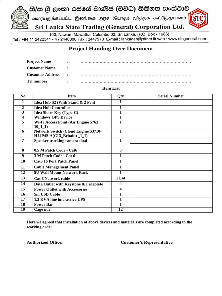 Project Handover Document for Installation | PDF