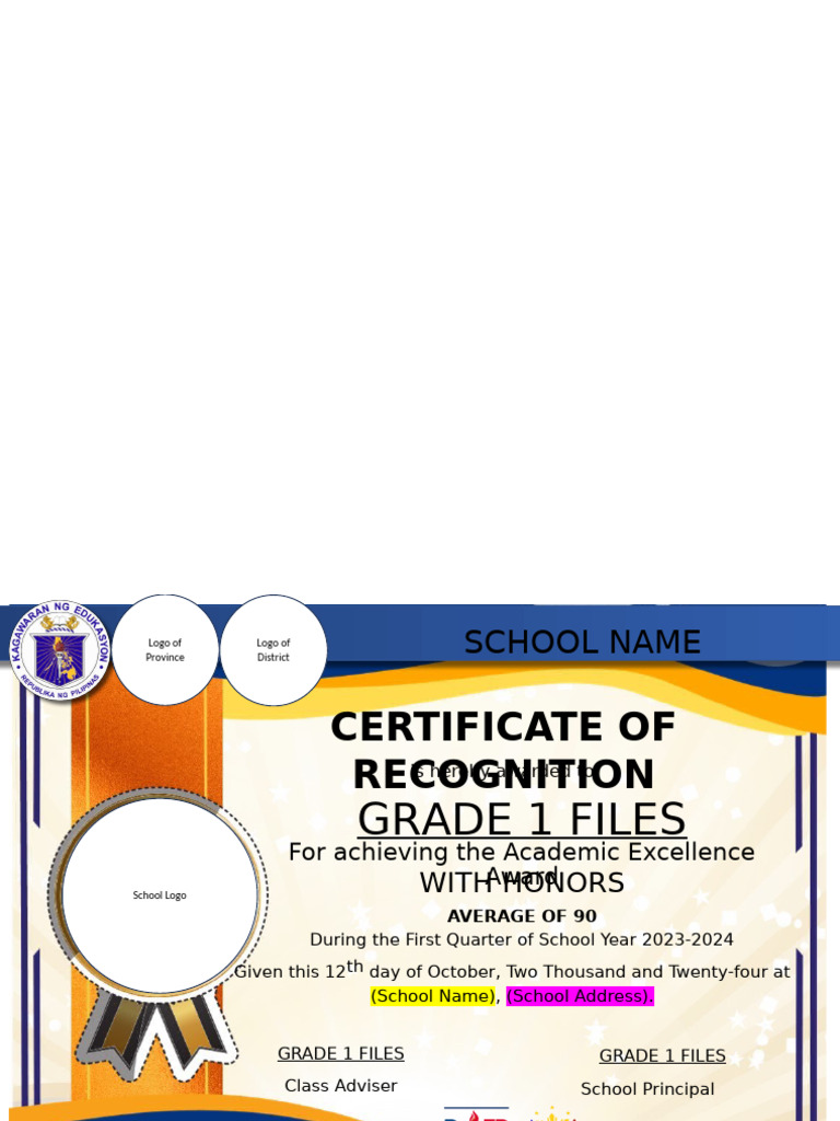 Grade 1 Academic Excellence Certificate | PDF