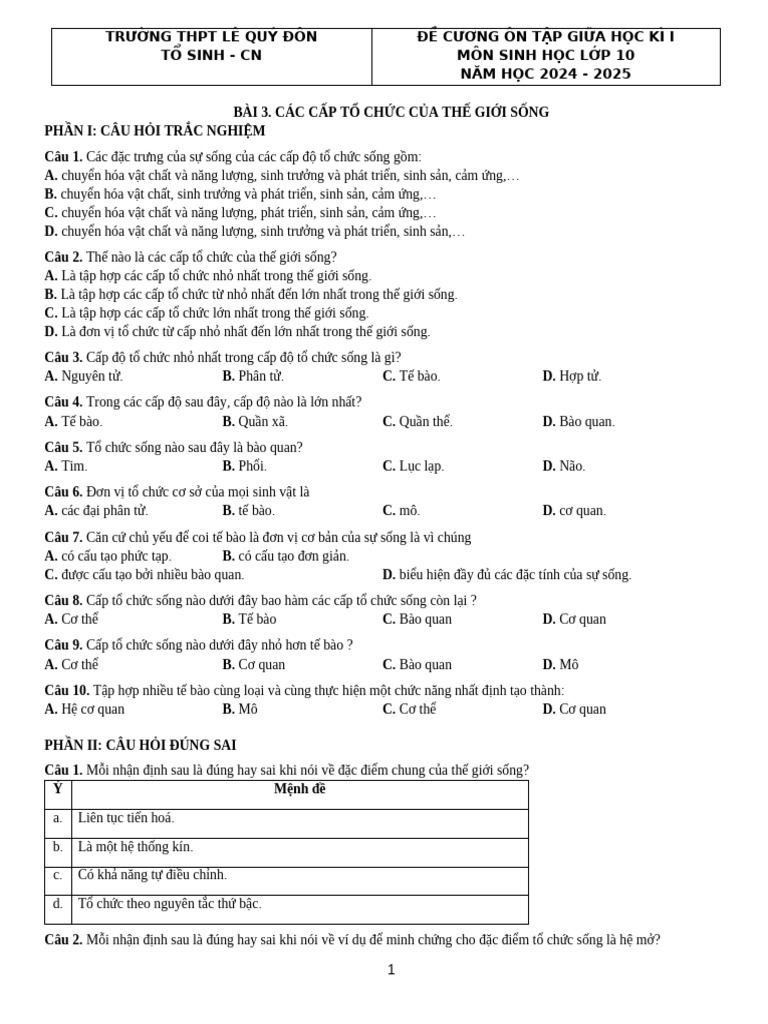 HS. Đề cương giữa kì SH10 2024 2025 | PDF