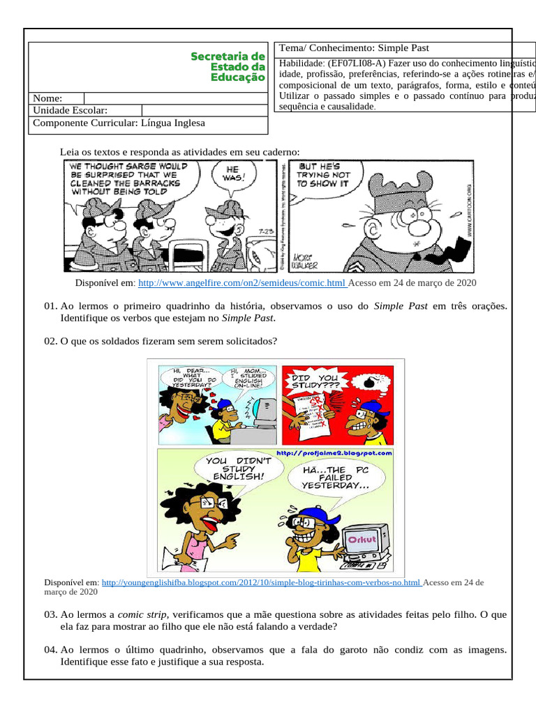 7º Ano Inglês | PDF | Artes Linguísticas e Disciplina