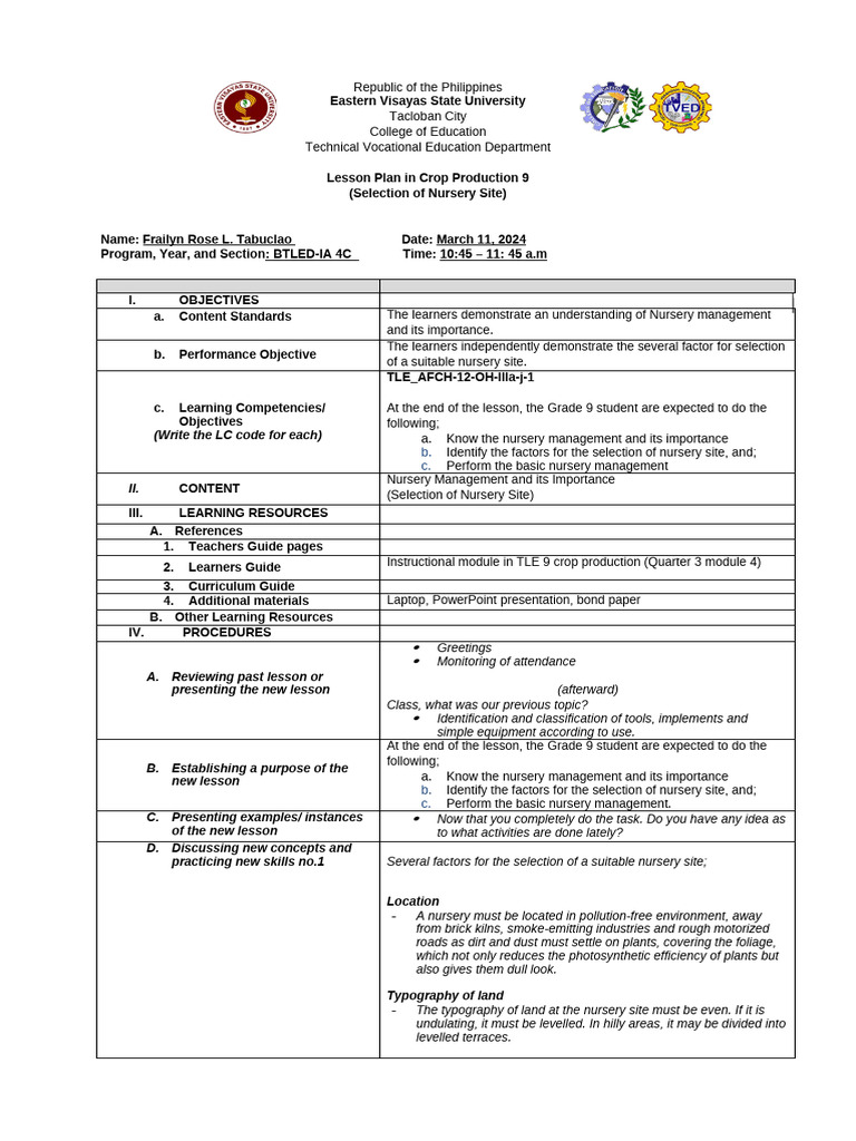 Nursery Site Selection Lesson Plan | PDF | Plant Nursery | Soil