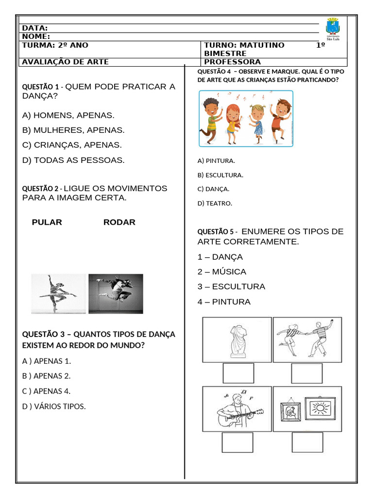 Avaliação de Arte 2º Ano - 1º Bimestre | PDF | Ciências Sociais | Arte
