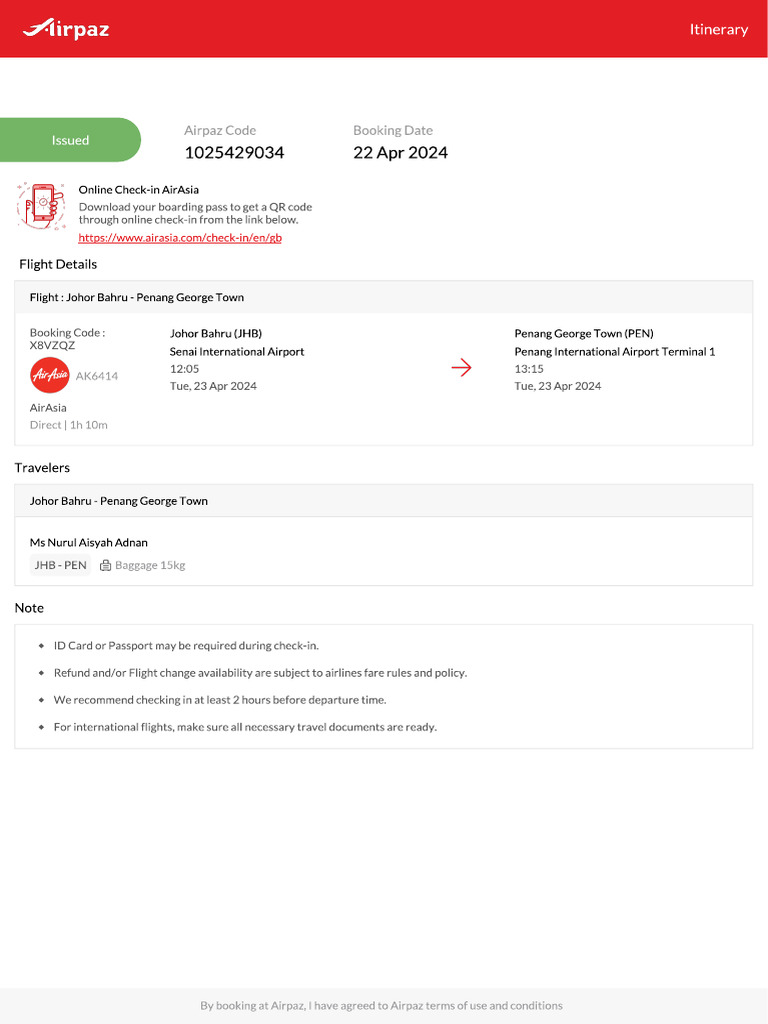 Airpaz Flight Itinerary 1025429034 | PDF