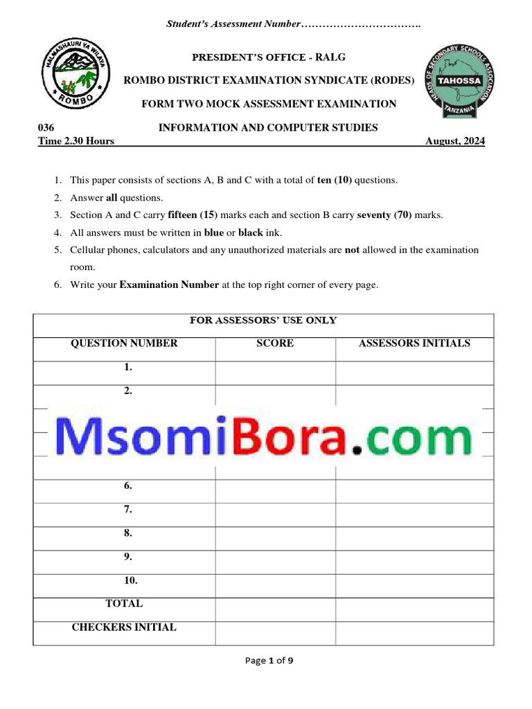 Form Two Mock Exam: ICT Assessment | PDF | Computer Data Storage ...
