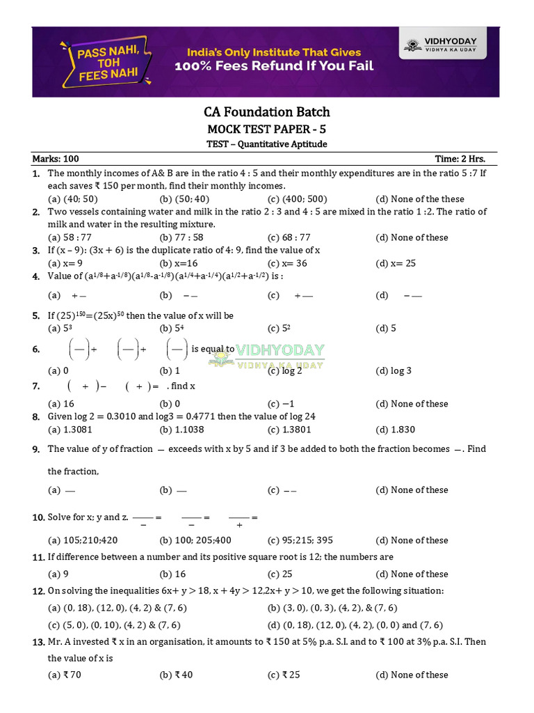 CA Foundation Mock Test - Quantitative Aptitude | PDF | Interest ...
