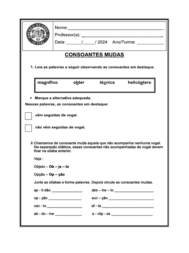Atividades com Consoantes Mudas | PDF