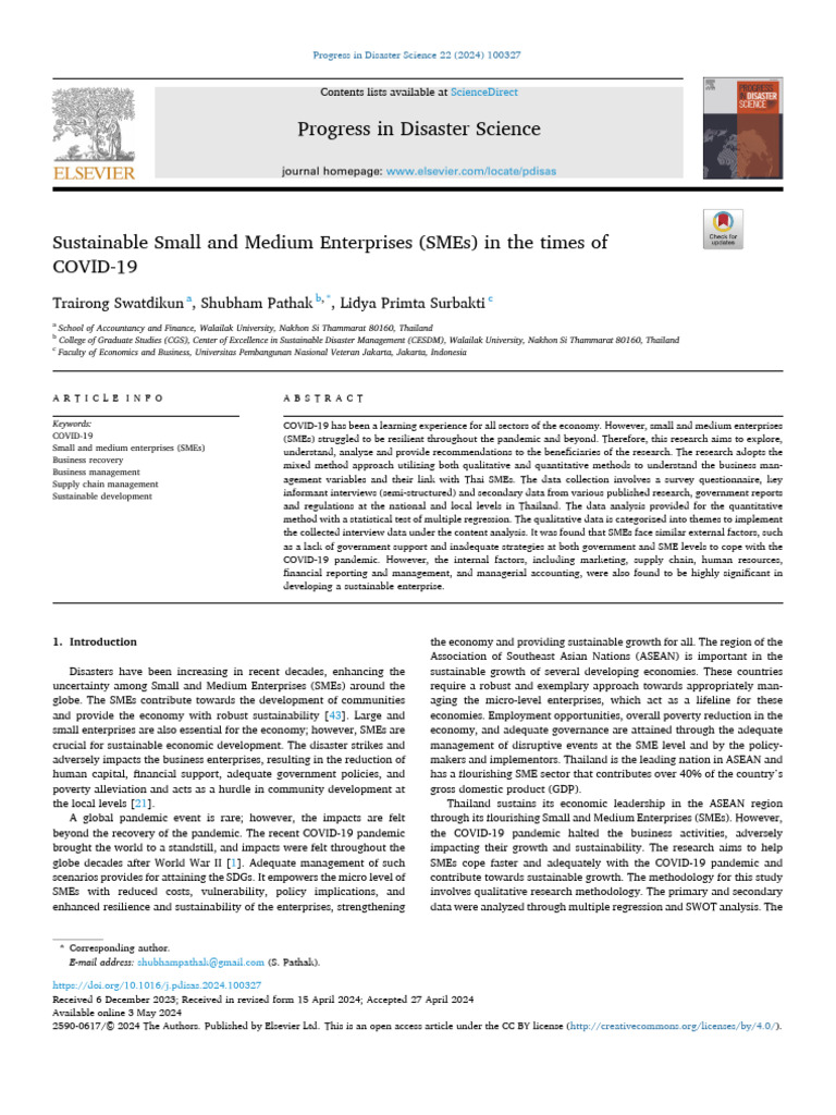 Sustainable Small and Medium Enterprises (SMEs) in The Times of | PDF ...
