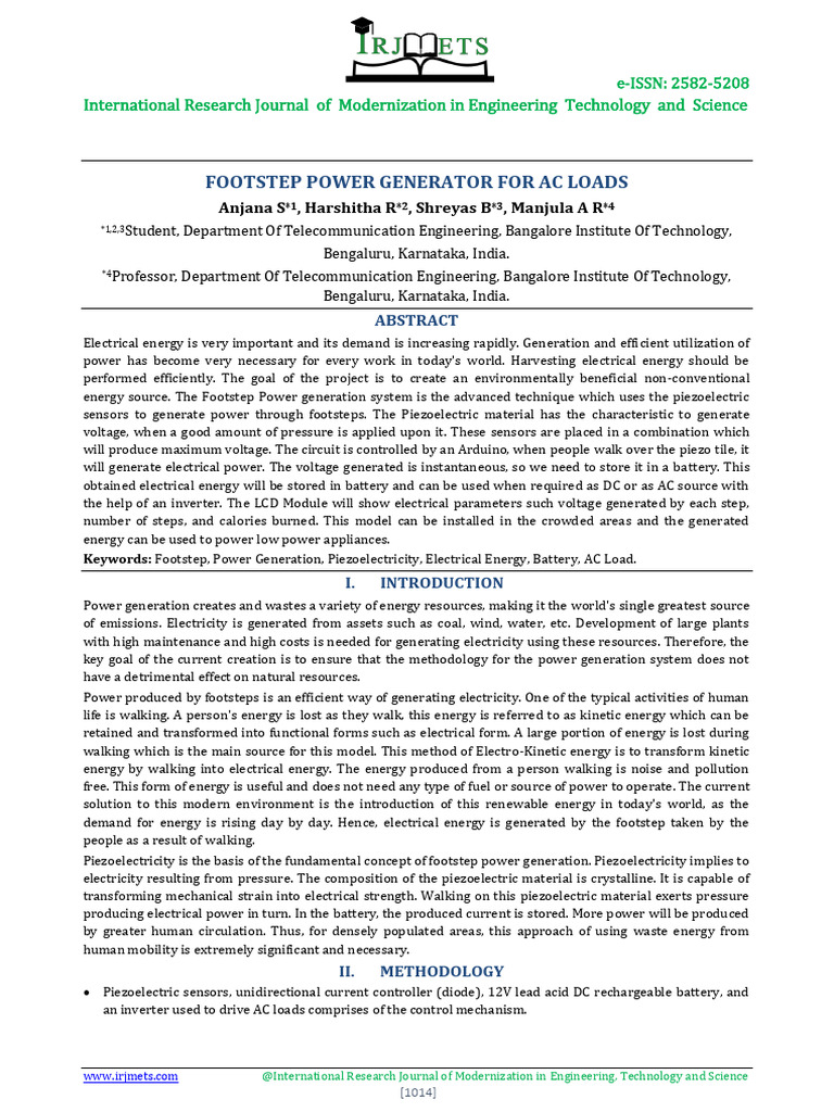 Footstep Power Generation System | PDF | Piezoelectricity | Electricity ...