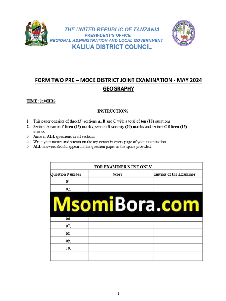Form Two Geography Mock Exam 2024 | PDF | Evaporation | Evapotranspiration