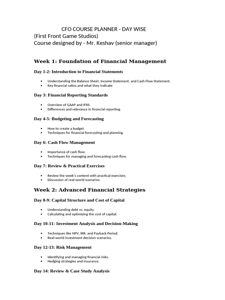 Cfo course planner pdf financial statement valuation finance 