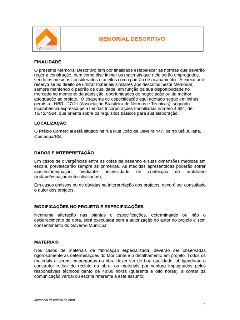 Memorial Descritivo de Obra | PDF | Argamassa (alvenaria)