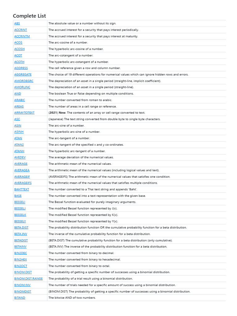 Excel functions complete list pdf trigonometric functions boolean