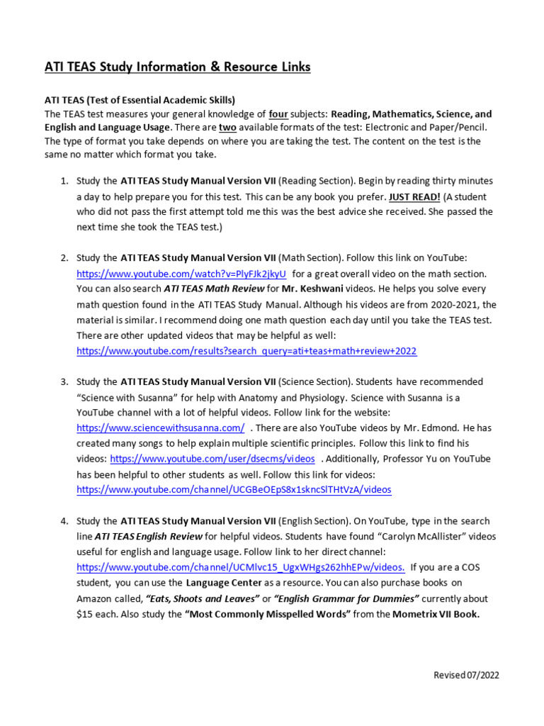 ATI TEAS Study Information Resource Links | PDF | Science | You Tube